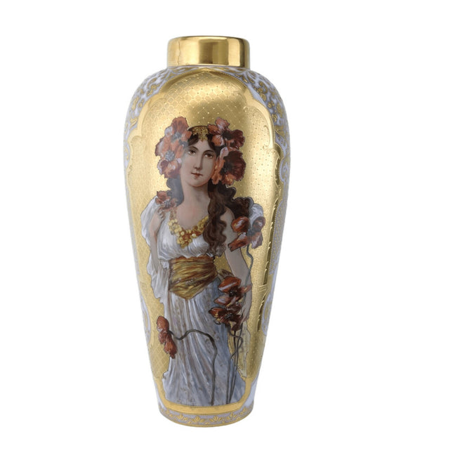 c1910 33 cm große, handbemalte Jugendstil-Portraitvase im königlichen Wiener Stil mit schwerer Vergoldung