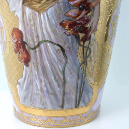 c1910 33 cm große, handbemalte Jugendstil-Portraitvase im königlichen Wiener Stil mit schwerer Vergoldung