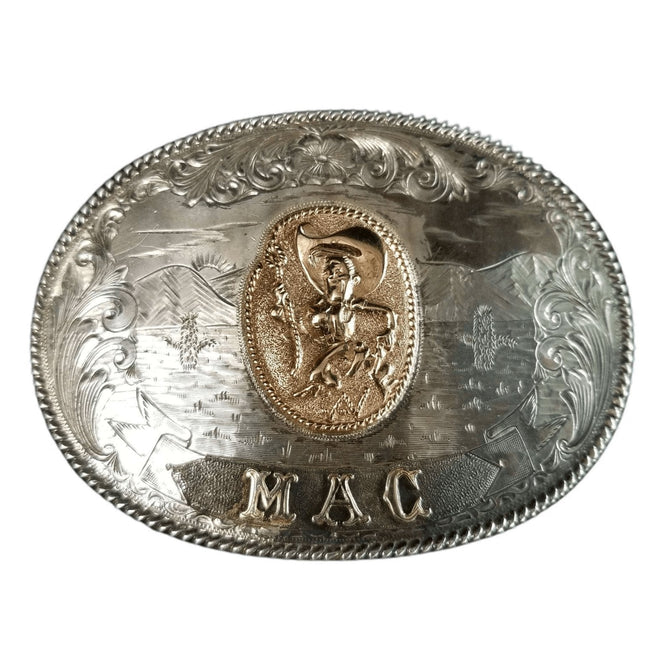 McCabe Gürtelschnalle Sterling &amp; 10 Karat Gold Cowboy mit Lasso „Apple Valley Little Newt“ Cacti Mountains Maßgeschneiderter, einzigartiger MAC 1,5-Zoll-Gürtel