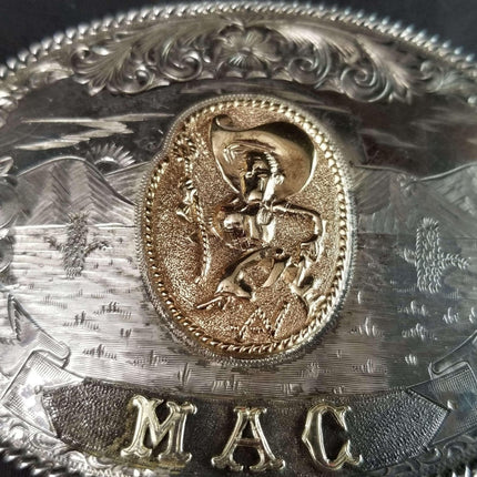 McCabe Belt Buckle Sterling & 10k Gold Cowboy with Lasso "Apple Valley Little Ne