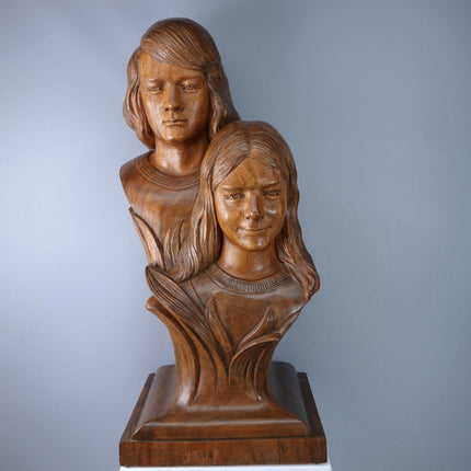 Brother and Sister Carved Wood Bust Statue by Florentino Hensen  Guagua Pampanga