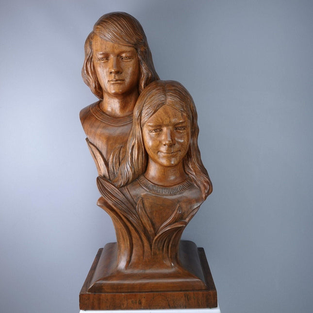 Brother and Sister Carved Wood Bust Statue by Florentino Hensen  Guagua Pampanga