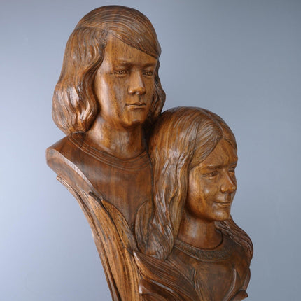 Brother and Sister Carved Wood Bust Statue by Florentino Hensen  Guagua Pampanga