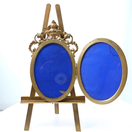 c1880 Antique Pietra Dura Bronze Mounted Double Locket Picture frame on Easel Mi