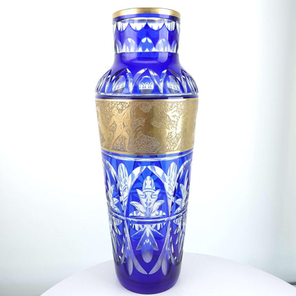 Huge Antique French/Bohemian Cobalt Cut to clear Heavy gold Vase