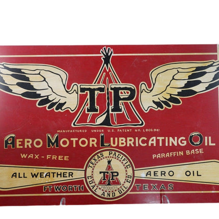 1940er Jahre Flugzeug Motoröl Schild Texas Pacific Aero Motor Schmieröl Zinn Werbeschild