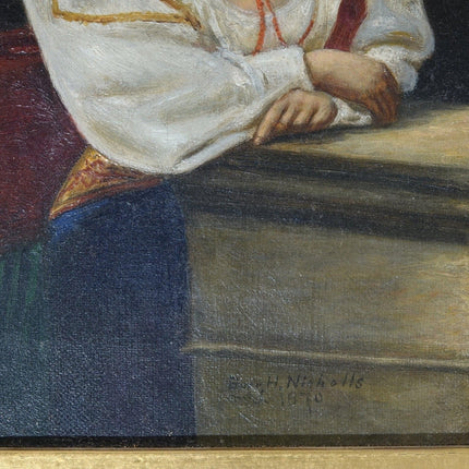 1870 年伯尔·H·尼科尔斯 (Burr H. Nicholls) 危险女人布面油画令人难以置信的画框橡子和树叶