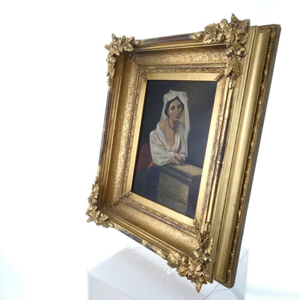 1870 Burr H. Nicholls Risque Woman Oil on Canvas Incredible Frame Acorns & Leave