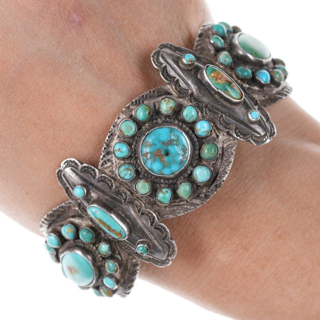 7" 20's-30's Navajo Silver Stampwork Turquoise cluster bracelet