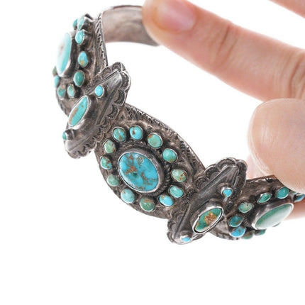 7" 20's-30's Navajo Silver Stampwork Turquoise cluster bracelet