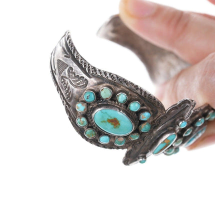 7" 20's-30's Navajo Silver Stampwork Turquoise cluster bracelet