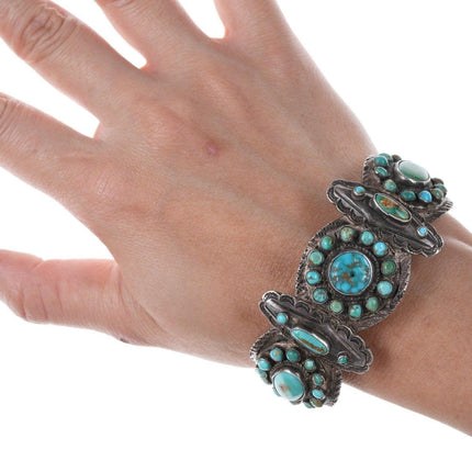 7" 20's-30's Navajo Silver Stampwork Turquoise cluster bracelet