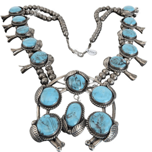 Vintage Navajo Sterling and Turquoise Squash blossom Necklace j