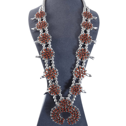 Zuni 珊瑚和纯银南瓜花项链和耳环