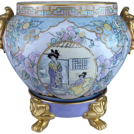 1919 Bernardaud Limoges Löwenkopfgriff Jardinière und Sockel Chinoisiere Dekoration Künstlersigniert