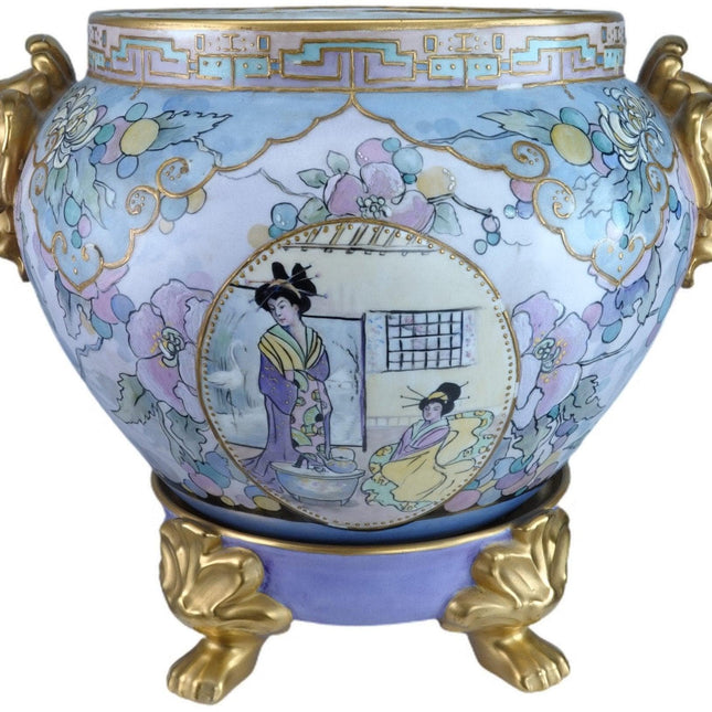 1919 Bernardaud Limoges หัวสิงโตจับ Jardinière และแท่นตกแต่ง Chinoisiere ศิลปินลงนาม