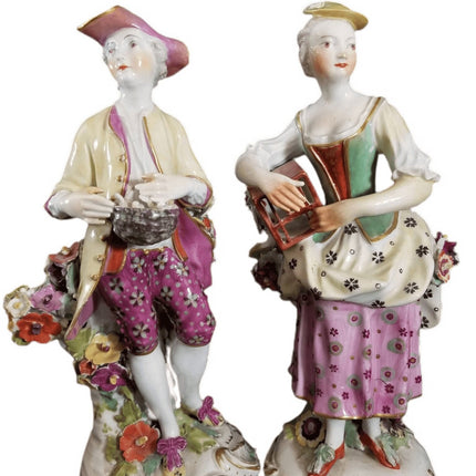 古董德比雕像 18 世纪自由和婚姻男人与鸟巢和女人与笼子 Burnap 系列 c.1770