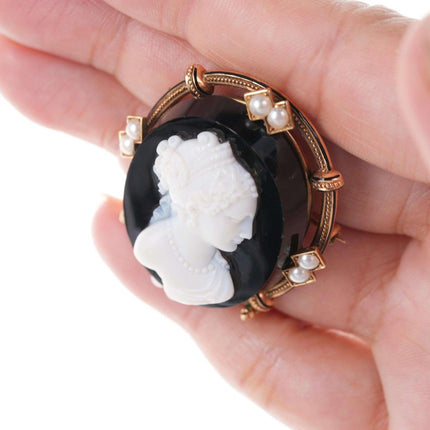 Victorian 14k rose gold/pearl mounted Hardstone cameo brooch