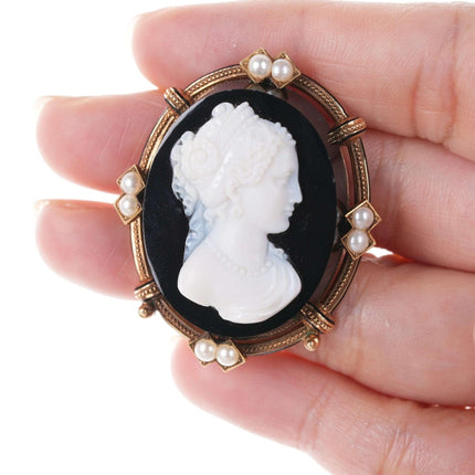 Victorian 14k rose gold/pearl mounted Hardstone cameo brooch