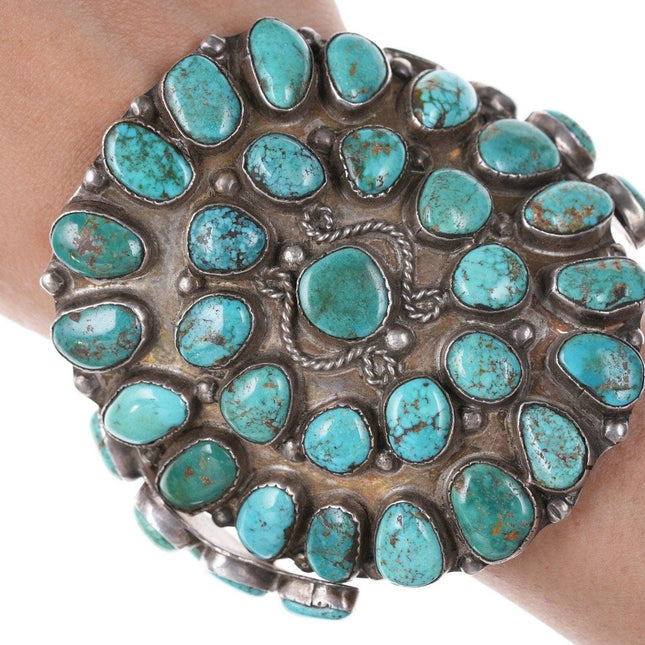 7" Huge 30's-40's Navajo Silver Turquoise cluster bracelet