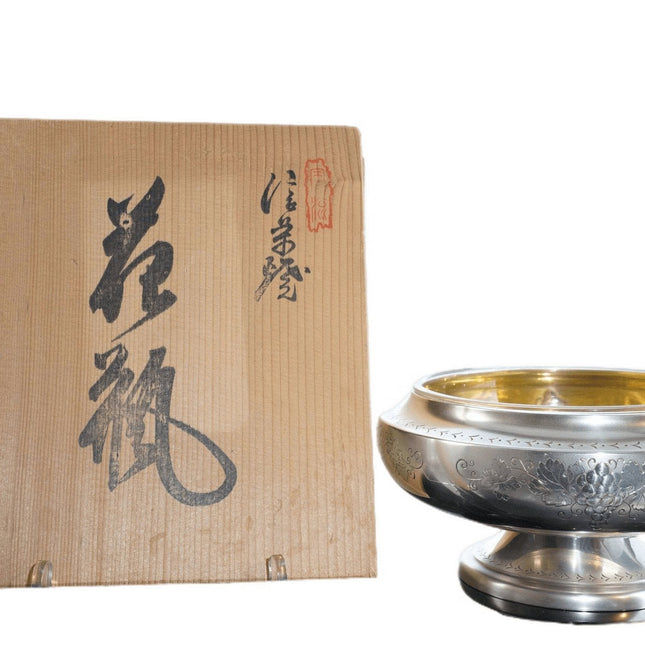 Japanischer Cachepot/Pflanzgefäß aus reinem Silber mit Glaseinsatz und vergoldeter Innenseite