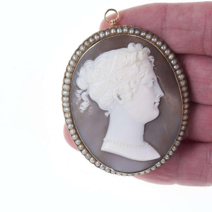 Large Antique 14k Gold Sardonyx Shell cameo with natural pearls pendant/brooch pin