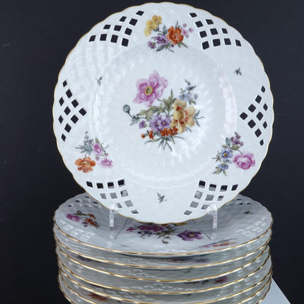 Antique KPM Reticulated Basketweave Hand Painted Dresden Flowers Pattern Dinner