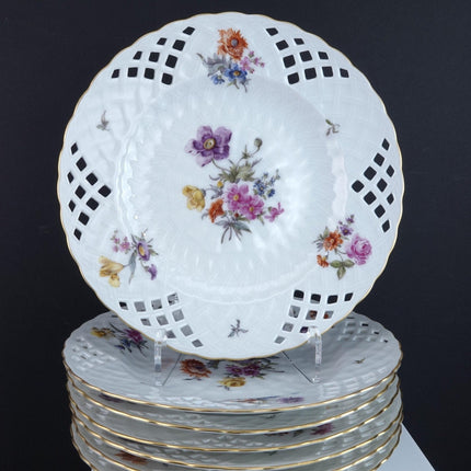 Antique KPM Reticulated Basketweave Hand Painted Dresden Flowers Pattern Dinner