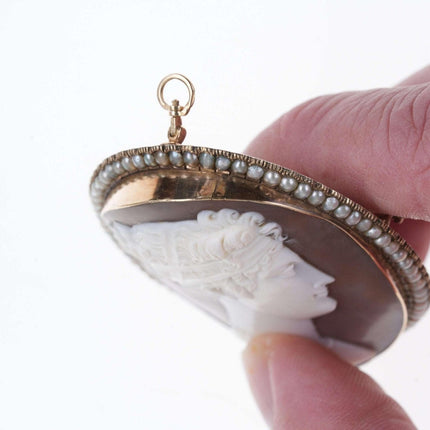 大号古董 14k 金褐玛瑙贝壳浮雕配天然珍珠吊坠/胸针