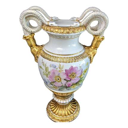 15,4" c1860 Meissen Vase mit Schlangengriffen, handbemalt, schweres Gold