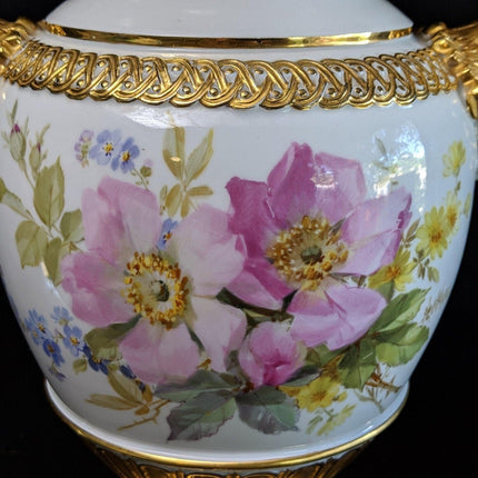 15,4" c1860 Meissen Vase mit Schlangengriffen, handbemalt, schweres Gold