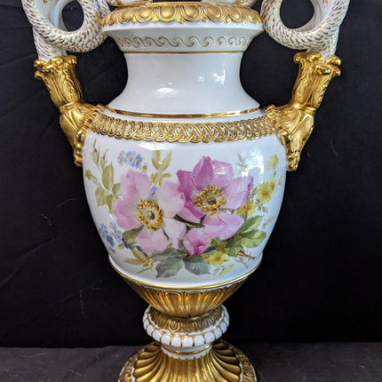 15.4" c1860 Meissen Vase serpent Handles Hand Painted, Heavy Gold