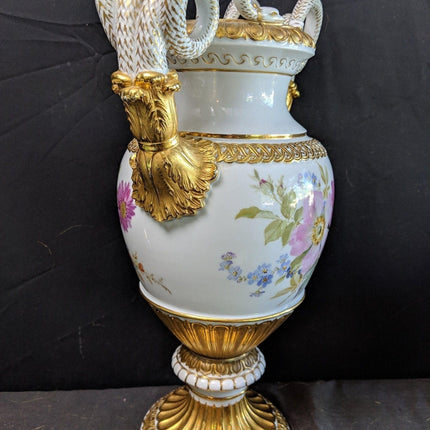 15.4" c1860 Meissen Vase serpent Handles Hand Painted, Heavy Gold