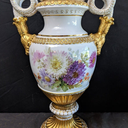 15.4" c1860 Meissen Vase serpent Handles Hand Painted, Heavy Gold