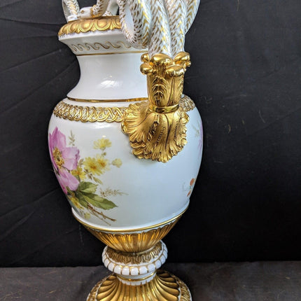 15.4" c1860 Meissen Vase serpent Handles Hand Painted, Heavy Gold