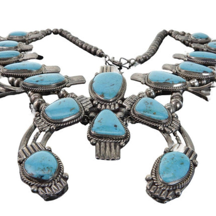 313 gram Vintage Navajo Sterling and Turquoise Squash Blossom Necklace Three Hog