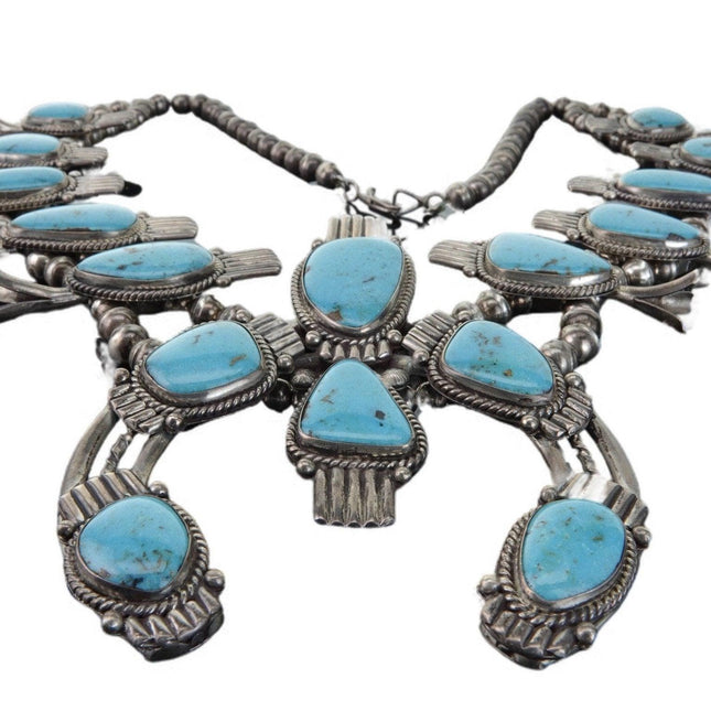 313 gram Vintage Navajo Sterling and Turquoise Squash Blossom Necklace Three Hog