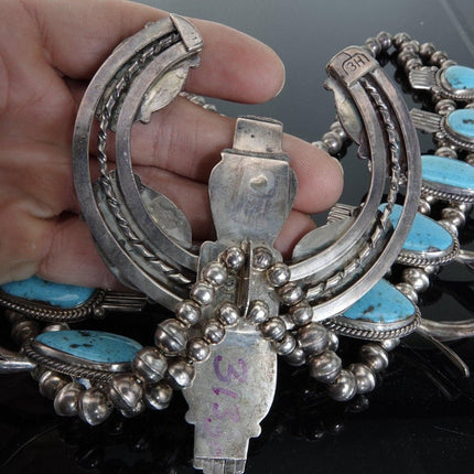 313 gram Vintage Navajo Sterling and Turquoise Squash Blossom Necklace Three Hog