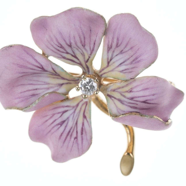 c1910 Antique Diamond 14k Enamel Flower pin