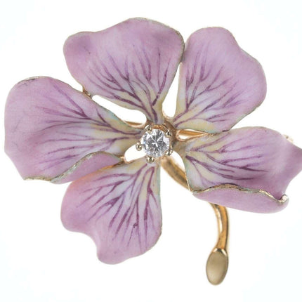 c1910 Antique Diamond 14k Enamel Flower pin