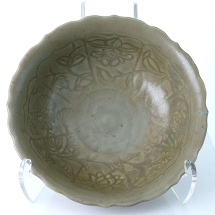 Ming Dynasty Chinese Barbed Edge Celadon Bowl with incised Lotus Decoration