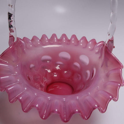 1950's fenton cranberry coin dot opalescent basket 7.5" tall