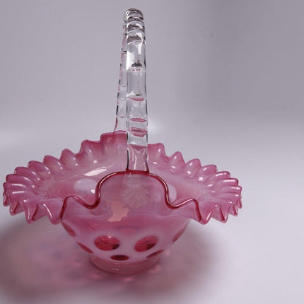 1950's fenton cranberry coin dot opalescent basket 7.5" tall