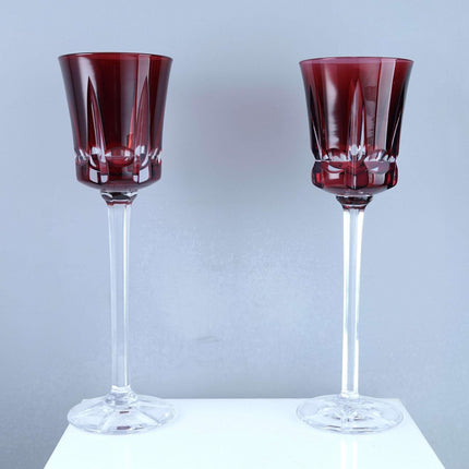 Cristal De Sevres red Segovie T-298 Wine Hocks Pair French Cut Crystal Goblets