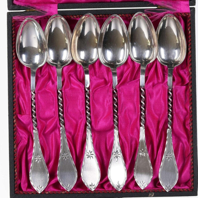 c1900 830 Silver Twist stem Brite cut handles Boxed Teaspoon set