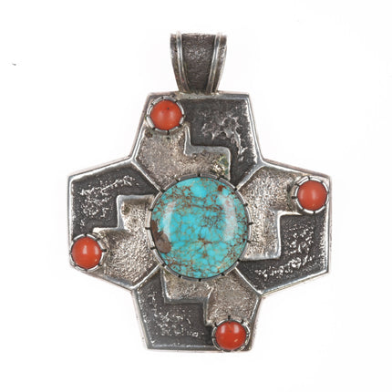 Vernon A Begaye Navajo Large Tufa Cast silver, turquoise and coral pendant