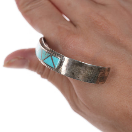6" Vintage Zuni silver Channel inlay turquoise zig-zag cuff bracelet