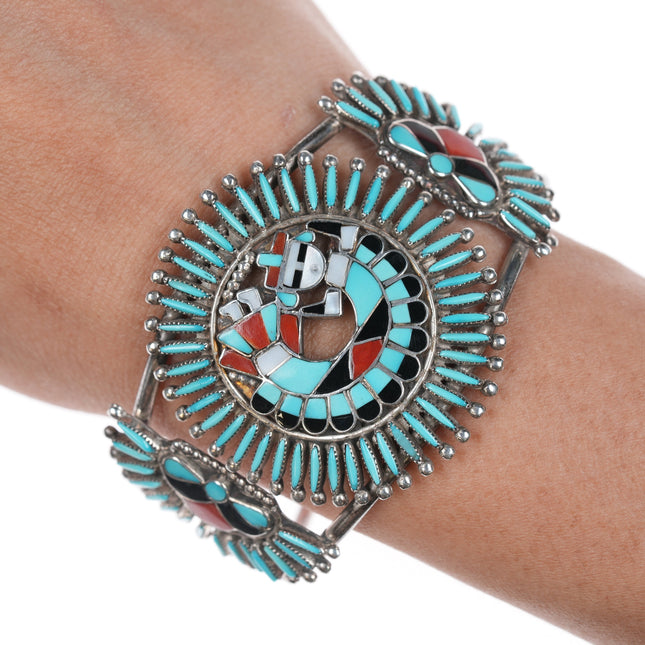6.75" Delphine Tsadiasi Zuni Rainbow man channel inlay sterling petit point cuff bracelet