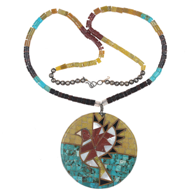 Vintage Pueblo silver/multi-stone inlaid pendant/heishi necklace