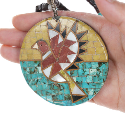 Vintage Pueblo silver/multi-stone inlaid pendant/heishi necklace